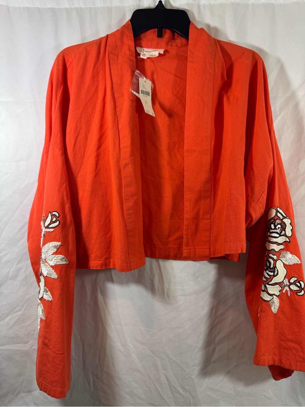 Anthropologie Bright Orange Open-Front Jacket with White Embroidery OS